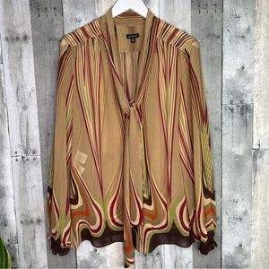 NINE WEST Brown Green Burgundy Striped Sheer Top Ties At Neck Size XL